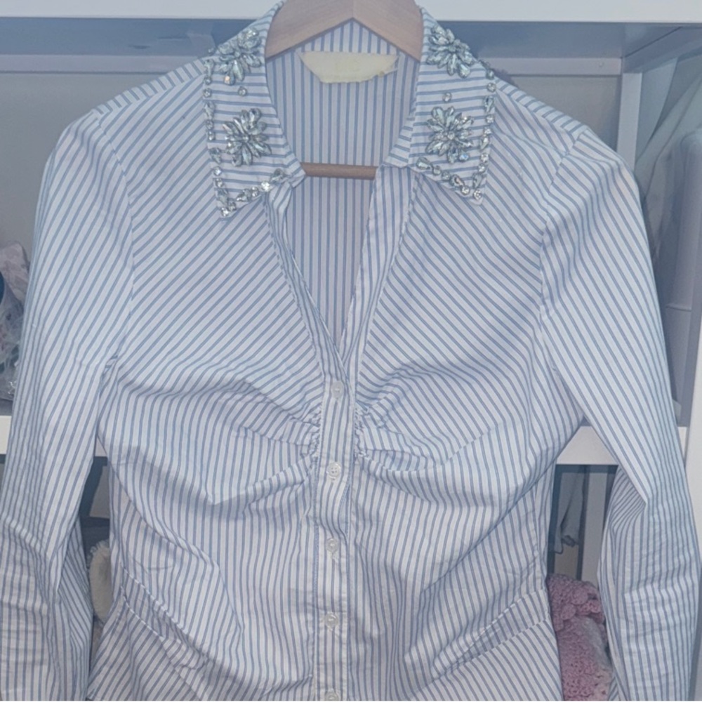 Simons Embellished Blue Striped Button Down Shirt